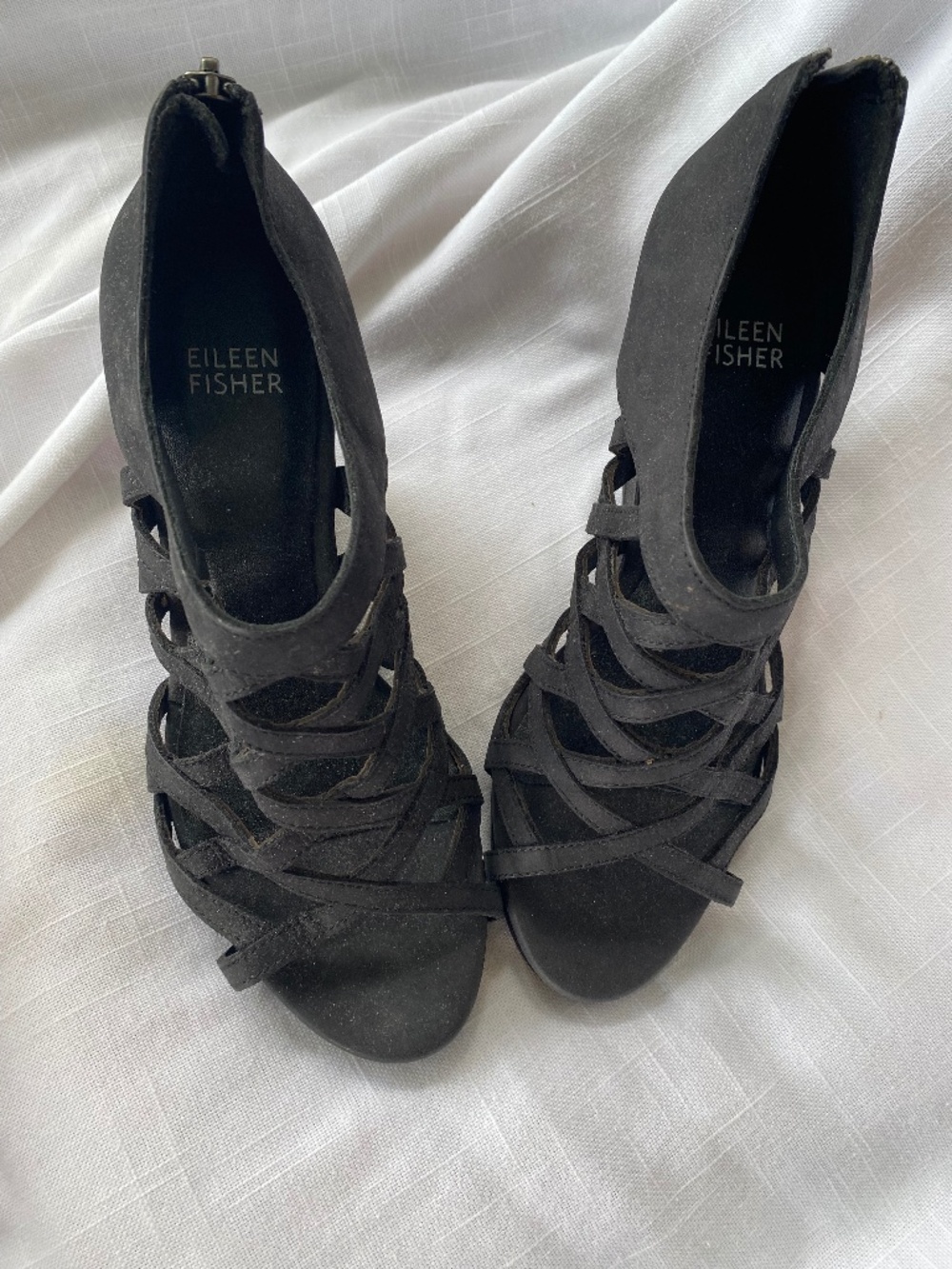 Eileen Fisher black suede wedge sandals, size 6
